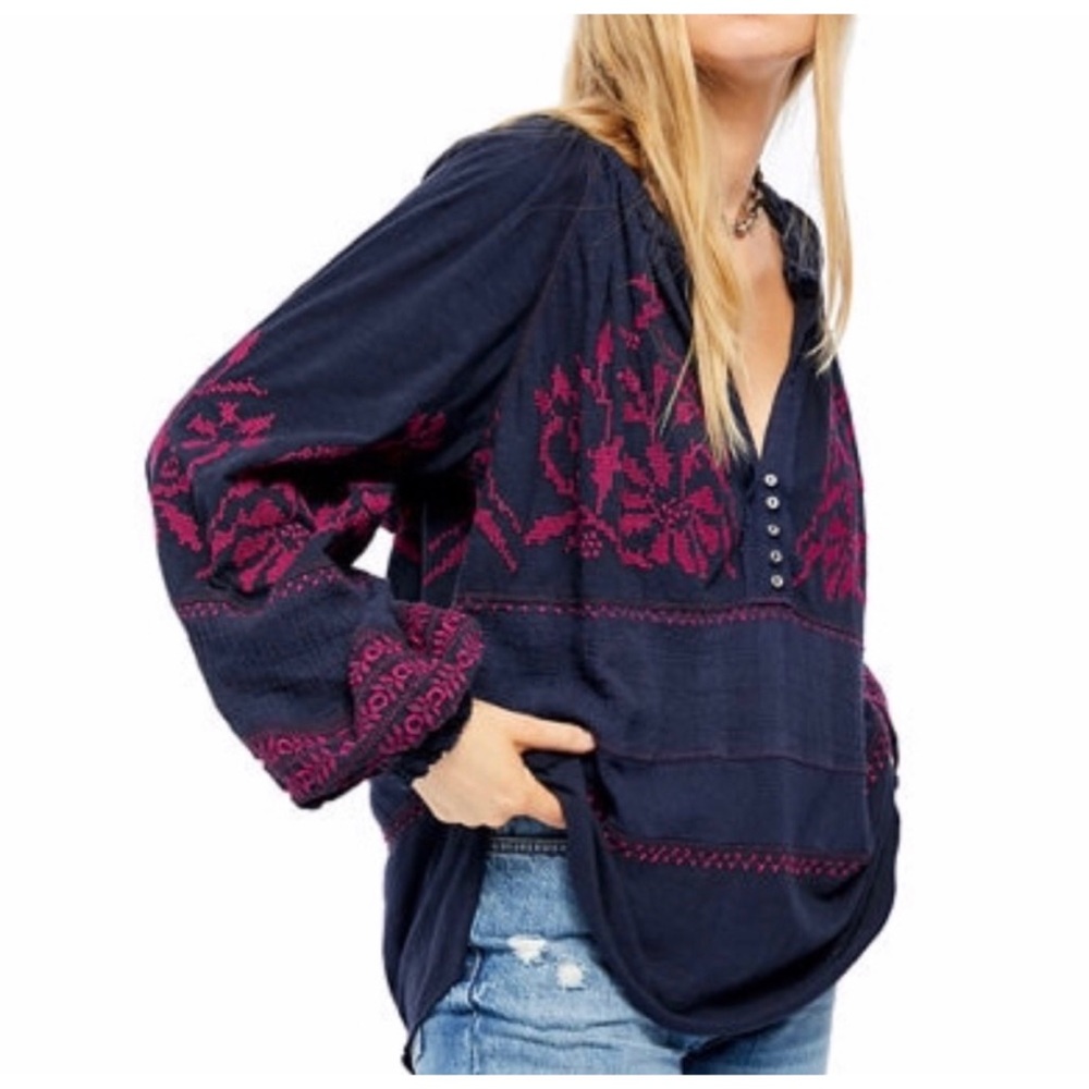 Free People Persuasion Balloon Sleeve Embroidered Peasant Top - Picture 5 of 10
